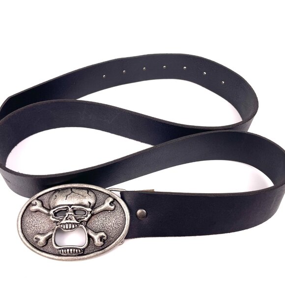 Genuine Italian Leather Belt With Skull Bottle Opener BuckleBlack Made in USA - Picture 3 of 8